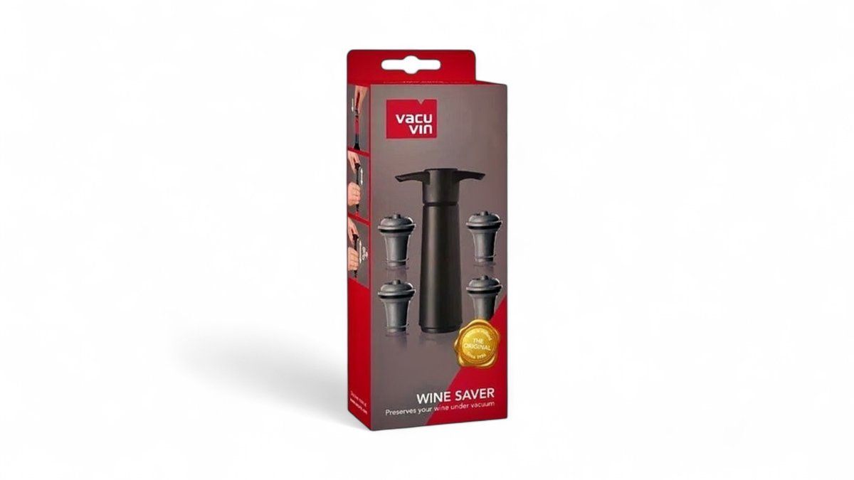 68da851d55bb377816f0fd85 Vacuvin devakuminizator crni sa 4 čepa - Slika 1